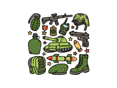 Military Doodle Set cute doodle granat hatmilitary icon illustration logo military vector walkietalkie