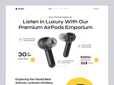 Product Landing Page Design - Podly Airpods airpods airpods landing page airpods web design apple airpods e commerce ecommerce design ecommerce landing page ecommerce website electronic store headphones homepage landing page online shop online store product design product landing page product web design products web design website