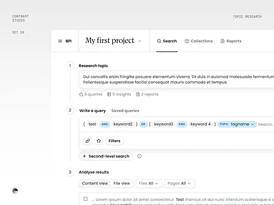 Focused search mode app clean complex form minimal process query research search ui web