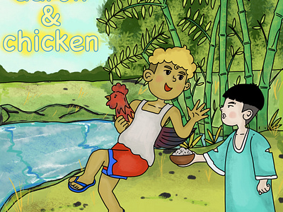 Aaron With His Lovely Chicken Illustration animal lover bamboo bookcover boy cartoon chicken children book friend fullcolour good relationship handdrawing happy illustration no technology pet rural simple simple life story book village
