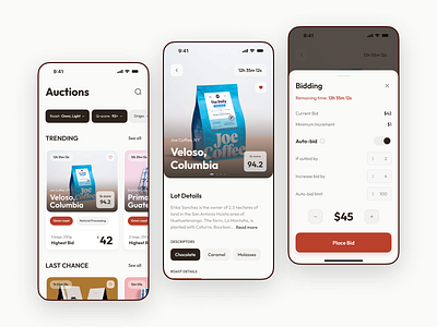 Coffee Auction App iOS android app design auction bet bidding card clean coffee design interface ios material mobile mobile app mobile ui popup product card tags ui uxui