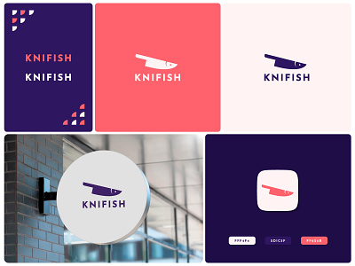 Knife and Fish - Logo Branding Design Exploration app blue brand branding double meaning fish knife knive logo logo design minimal mockup negative space presentation red restaurant sushi visual branding