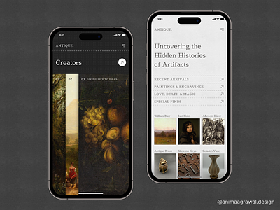 Antique Discoveries App ancient antique art history artwork creators dashboard history homepage landing page leonardo da vinci mobile app mobile app design paintings products sculptures trending ui ui design