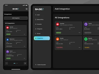 Base - Add Integrations (Desktop + Resp.) admin admin panel dark dark mode dashboard integrations product product design responsive sidebar ui uiux user experience user interface ux web app web applications web design
