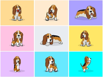 Cuteness Overloaded | Basset Hound 😊🎀 adorable art artwork basset hound calm cute dog energetic fun funny hungry illustration joy laying playful puppy relaxing sitting sticker vector