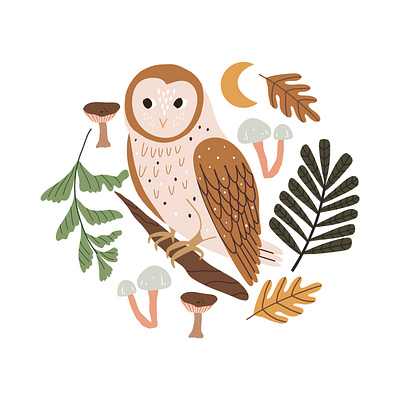 Autumn Owl art branding cartoon flat illustration