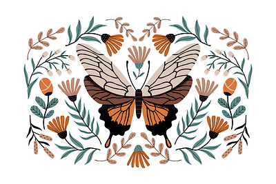 Vintage Butterfly art branding cartoon flat illustration