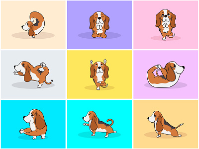 Yoga Dog Part-2 | Morning Yoga with Basset Hound🧘‍♀️🌿⚡️ animal art basset hound cartoon dog fitness health icon illustration lifestyle mascot motivational pet puppy spiritual sticker vector yoga yoga pose yogi