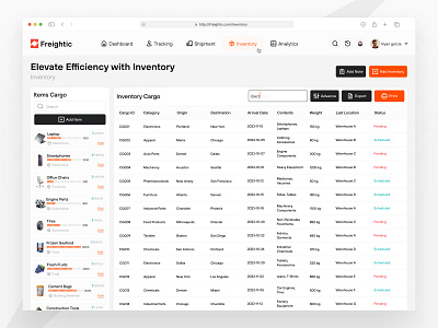 Inventory Page - Freightic b2b branding cargo dashboard delivery design history inventory item logistic mockup product design saas service table tracking ui ux web website