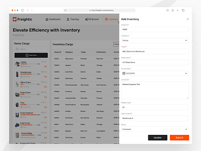 Add Inventory - Freightic add cargo component dashboard design form inventory landing page logistic mockup product saas service table tracking ui update ux web website