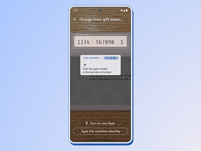 Charge from gift token - Step1 camera code example gift token material mobile number input scanning text input