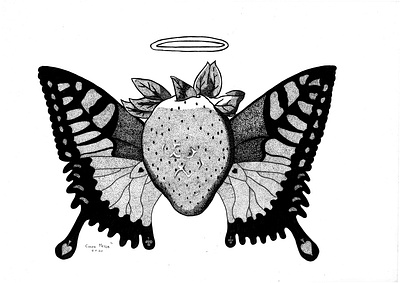 Strawberry Butterfly ink on paper 29 x 42 cm artwork butterfly illustration illustrator ink micron pointillism strawberry