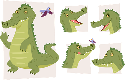 Crocodile animals bird cartoon character crocodile cute funny illustration personage