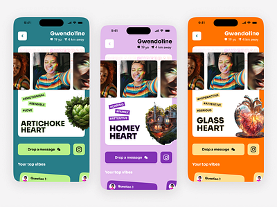 Gen-Z Profile Concept, Mobile App colorful concept dark theme dating gen z green heart meeting message mobile app orange personality playful profile purple tags totem vibrant