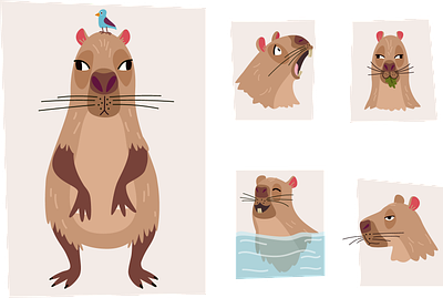 capybara animals animals set bird capybara cartoon character cute design funny