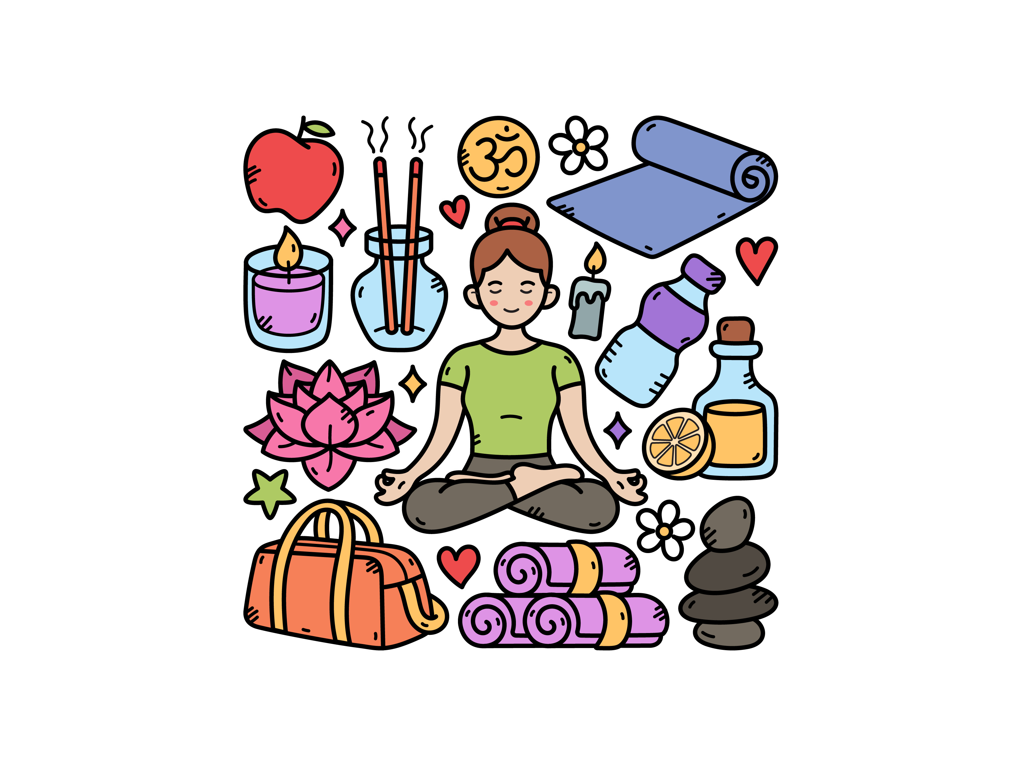 Yoga Doodle Set candle cute doodle icon illustration lemon logo rock vector yoga