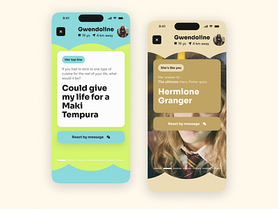 Gen-Z Profile App brown colorful dark theme dating green harry potter mobile app personality photos product design profile quizz quote red story swipe ui ux vibrant