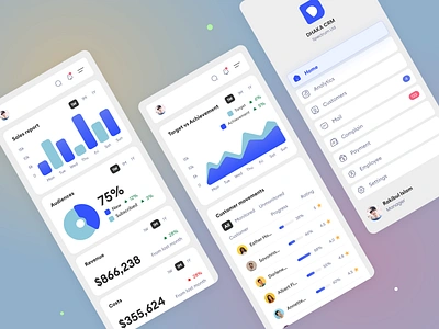 CRM App Mobile Version ai design analytics animation business intelligence conversion rate crm crm dashboard metrics crm dashboard pipeline customer support dashboard dashboard reports datavisualization design minimal mobileapp sales activity sales funnel typography ui ux