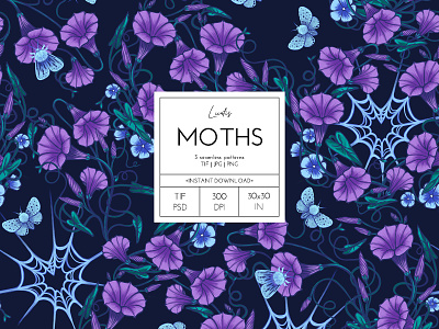 MOTHS - 3 seamless patterns branding design drawing fabric design floral design flower gothic graphic design halloween heart illustration moth pattern pattern design purple seamless pattern spider web surface design textile design wallpaper