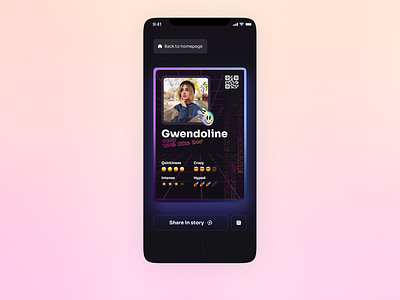 Sharing Profile, Mobile App Concept app black theme card dating design gradient halo meeting mobile app personality product design qr code share sticker ui ux vibrant