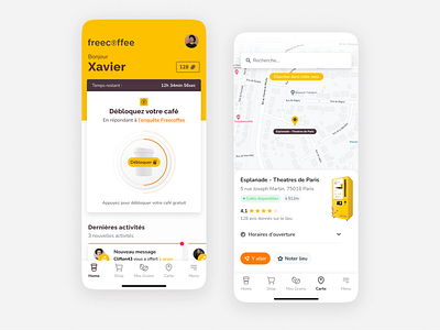 Coffee Vending Machine Mobile App app coffee design homepage interaction map playful profile qr code quizz real world share side menu ui unlock ux vending machine white theme yellow