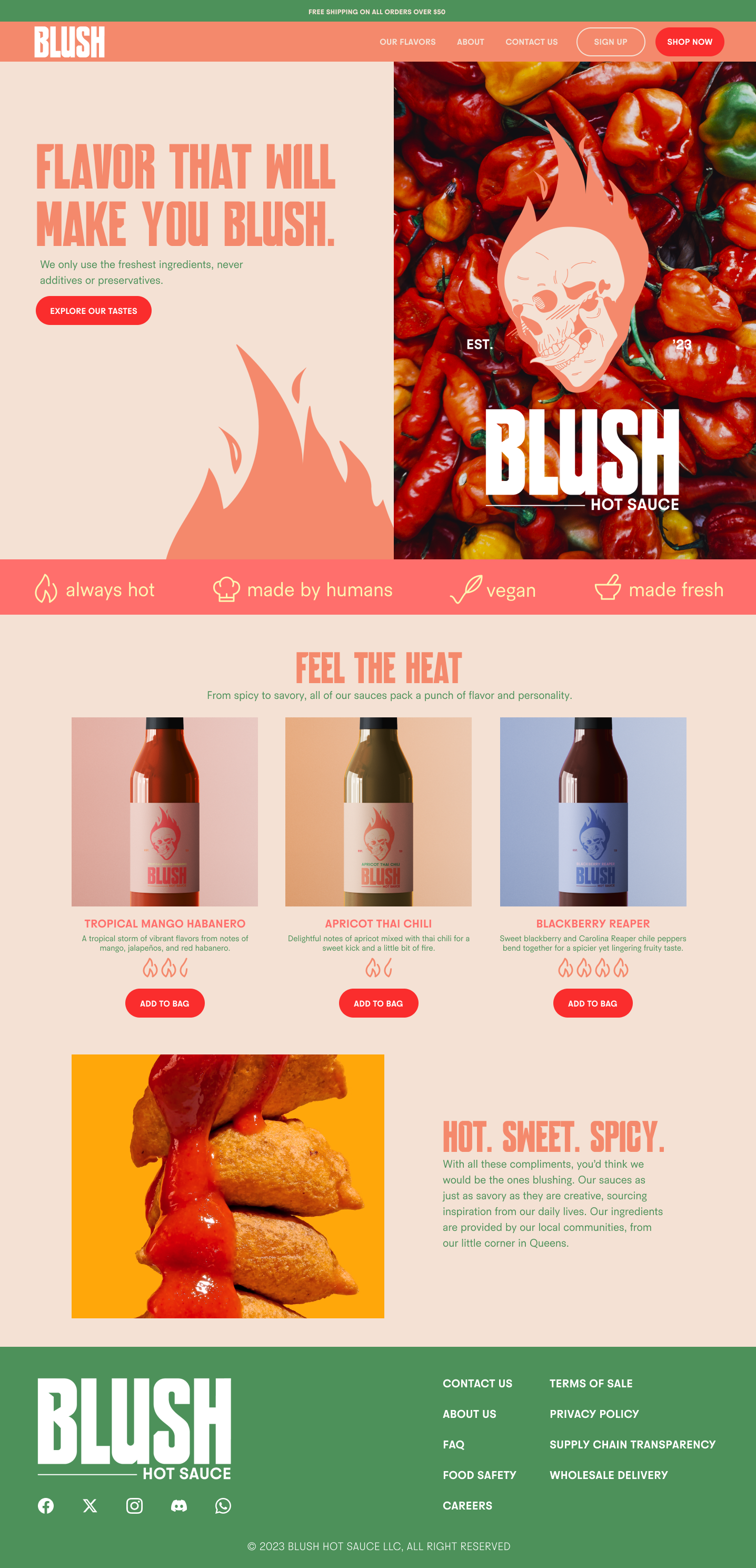 BLUSH Hot Sauce Web Page branding design graphic design hot sauce illustration package mockup ui ux visual identity