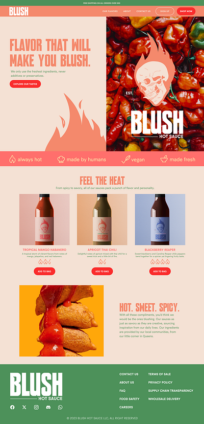 BLUSH Hot Sauce Web Page branding design graphic design hot sauce illustration package mockup ui ux visual identity
