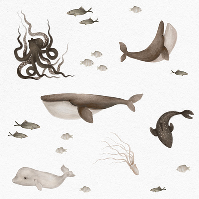 Magic boho ocean digital draw hand draw illustration ocean pattern whale