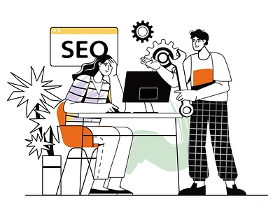 SEO 2d algorithm analytics animation content design flat illustration keywords linkbuilding man motion optimization ranking strategy visibility webmaster woman