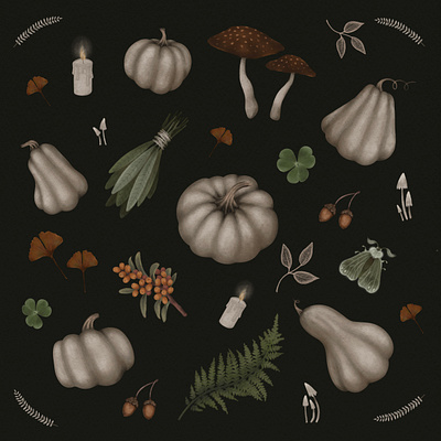 the smell of the autumn forest autumn digital draw fall illustration mushrooms pumpkin