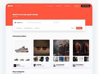 Marketplace Web Design blockchain design e commerce leboncoin marketplace minimalist nft orange peer to peer product search shopping sneakers ui ux web white