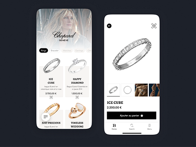 Jewelry Mobile App app ar basket chopard design e commerce experience jewelry luxury minimalist mobile premium product design rich ring shopping ui ux white