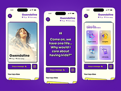 Meeting App Profile Concept app bold card dating design fun glow product profile purple retro swipe ui ux vibrant white