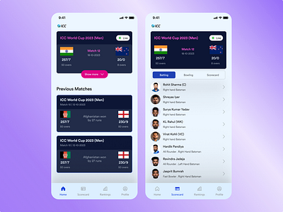 ICC Application concept visual design clean and minimal cricket cricket application figma mobile ui user experience user interface design ux visual design