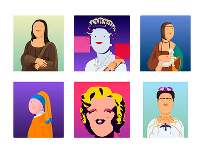 Portrait collection art character collection color colorful cute design famous frida kahlo girl with a pearl earring illustration marilyn monroe mona lisa paintings portrait vector woman women