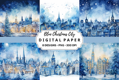 Blue Christmas City Watercolor Background tumbler wrap