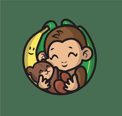 Monkey boy with his beloved teddy bear baby banana children cute hungging illustration kids monkey smiling teddy bear toddler