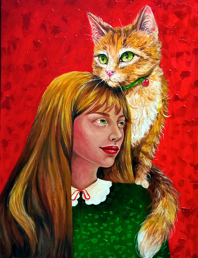 Original acrylic painting, Girl and cat, Portrait of Woman art design hand painted illustration paint painting pet ukraine woman