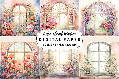 Retro Floral Window Watercolor Background wall decor