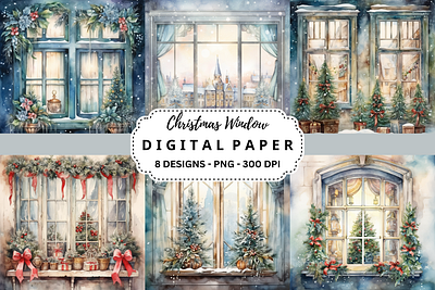 Vintage Christmas Window Watercolor Background tumbler wrap