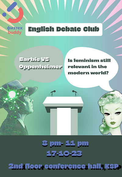 Poster for an English debate club bairbie barbie barbieoppenheimer clubposter debateposter debates feminism green oppenheimer poster vector vectorgraphics