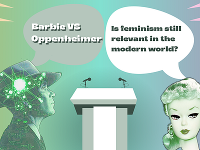 Poster for an English debate club bairbie barbie barbieoppenheimer clubposter debateposter debates feminism green oppenheimer poster vector vectorgraphics