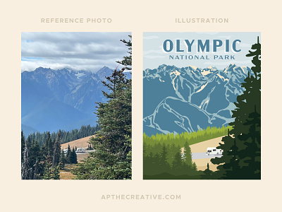Olympic National Park Illustration Before & After artwork before and after dimension forest illustration illustrator mountain top mountains national park olympic national park park photo poster reference photo rv travel travel illustration tree line trees van