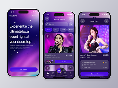 Starsing - Event Mobile App app booking clean concert design event event mobile app events gradient mobile mobile app mobile design modern music party schedule ticket ui uiux