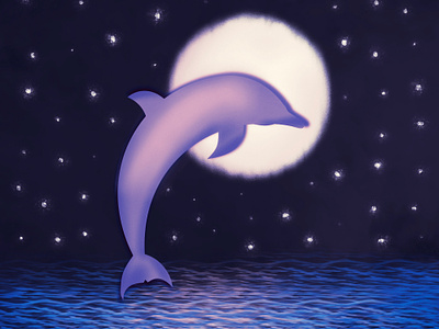 Ethereal Dolphin and Starry Moonlit Night Sky Illustration animal blue design dolphin moon nature night ocean pretty purple sea sky stars waves