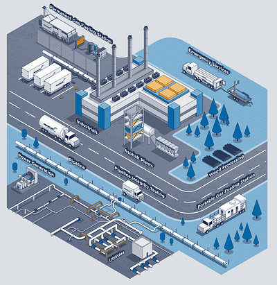 Natural Gas - Isometric Map diagram illustration illustrator isometric map natural gas pipes road storage trucks vector