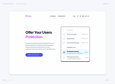 Create with Cozy Marketing Page crypto defi features marketing page protection markets