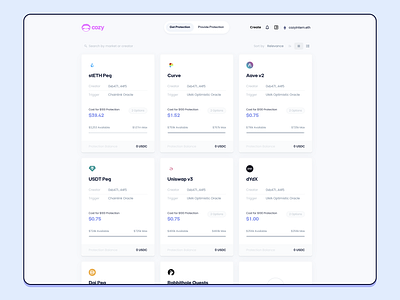 Cozy Protection Markets browse cards crypto defi markets selection