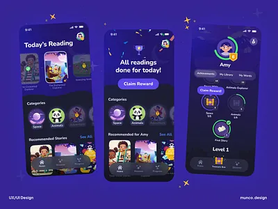 Designing an Educational Reading App for Kids account achievements app blue books dark design graphic design ios kid learning library magical mobile night profile progress reading rewards ui