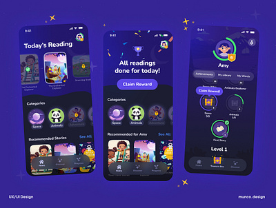 Designing an Educational Reading App for Kids account achievements app blue books dark design graphic design ios kid learning library magical mobile night profile progress reading rewards ui
